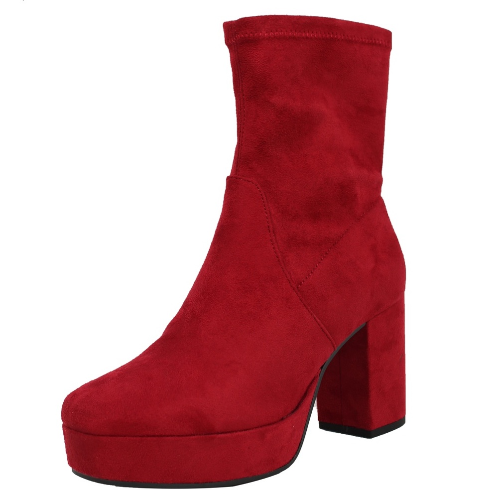 Cherry Faux Suede Mid Calf Platform Block Heel Ankle Bootie